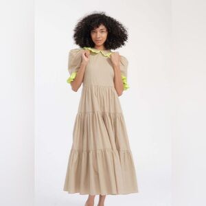 NWOT BATSHEVA Spring Lucy Dress Camel Tan Neon Trim Cotton Casual Boho Women’s 0